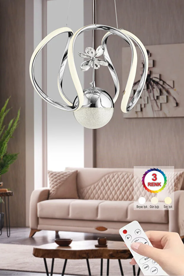 Kumandalı Bigiee Gümüş Üç Renk Lüx Ledli Modern Led Avize